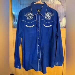 NWT Blue Western Express Cowboy Shirt Rockabilly Embroidered Classic Retro Star